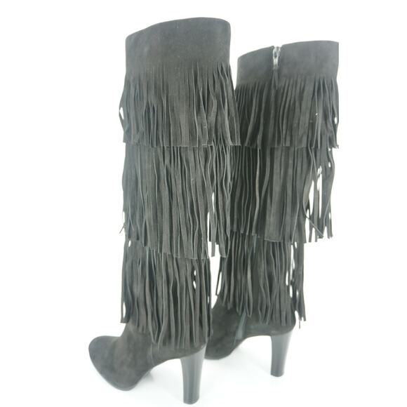 Stuart Weitzman Black Suede Fringie Knee High Boots SZ 7 N Narrow - Picture 2 of 10